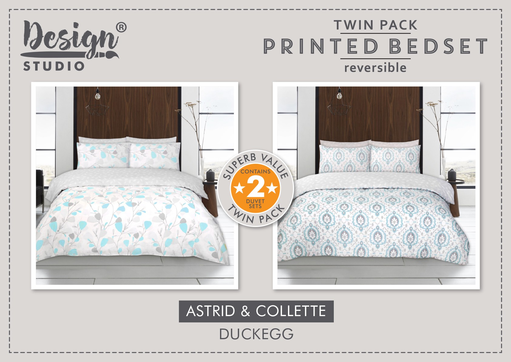 Twin Pack Astrid/Collette Duvet Set (Size and Colour Options Available)