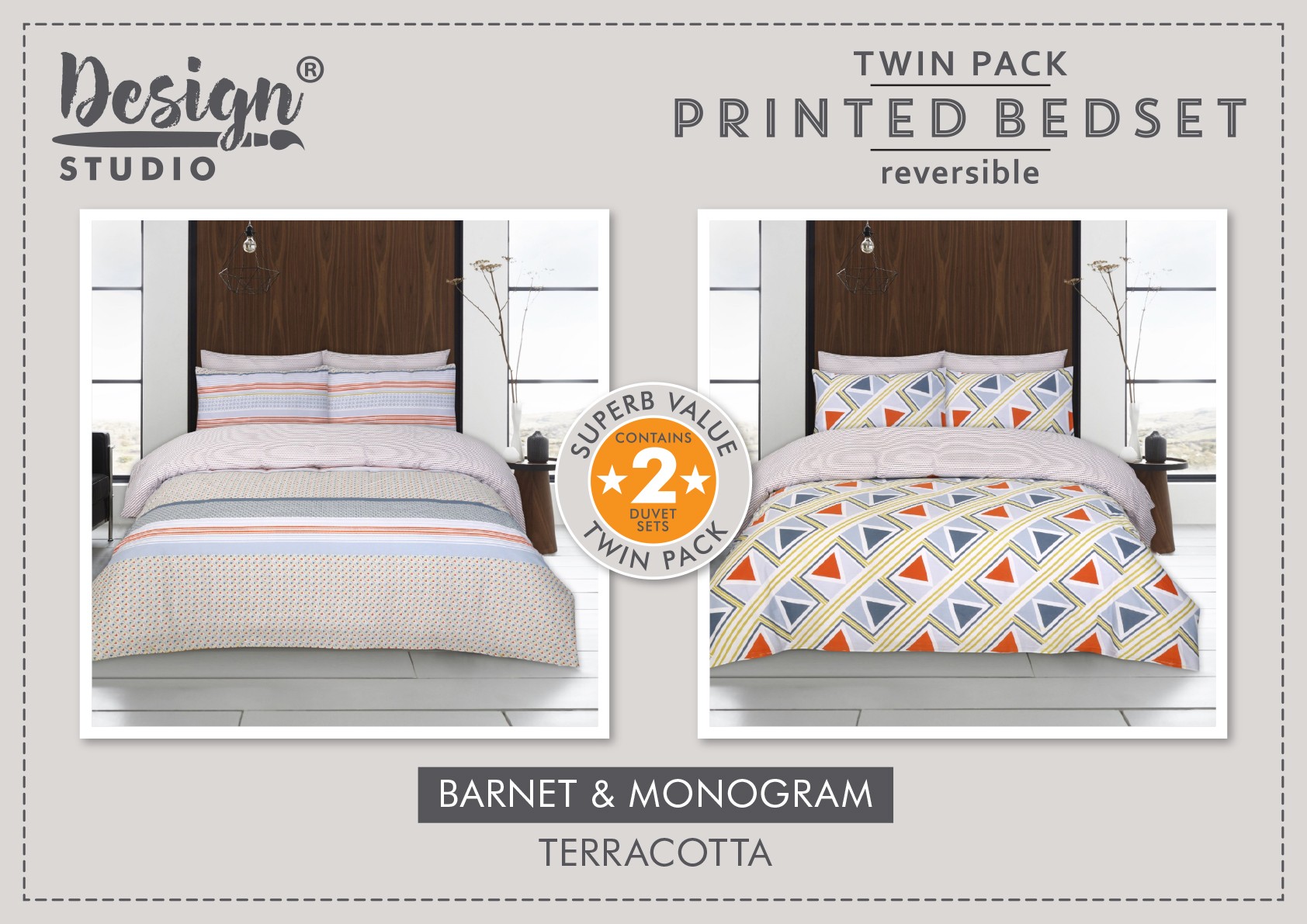 Twin Pack Barnet/Monogram Duvet Set (Size and Colour Options Available)