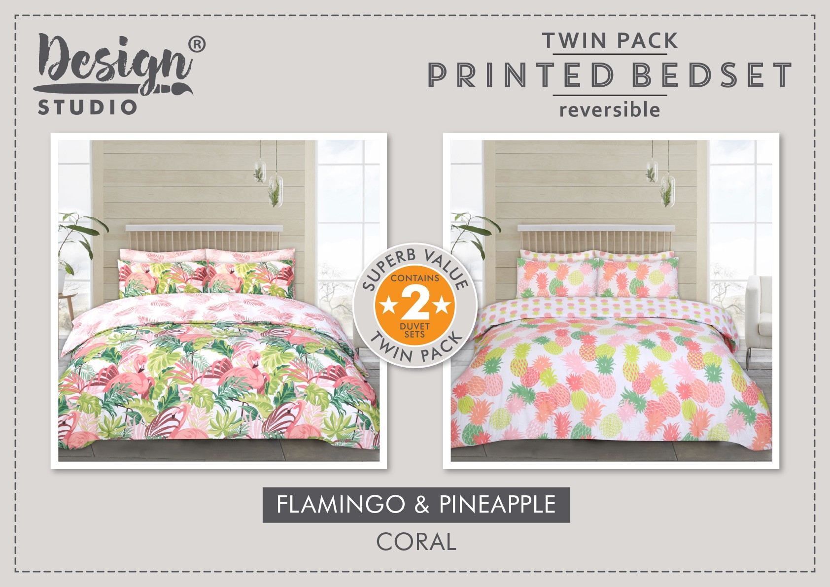 Twin Pack Flamingo/Pineapple Duvet Set (Size Options Available)