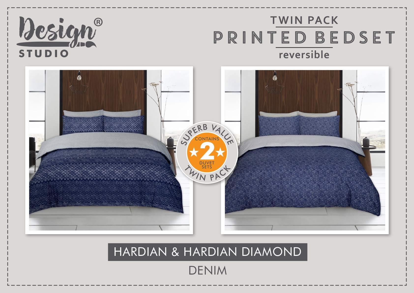 Twin Pack Hadrian Duvet Set (Size and Colour Options Available)