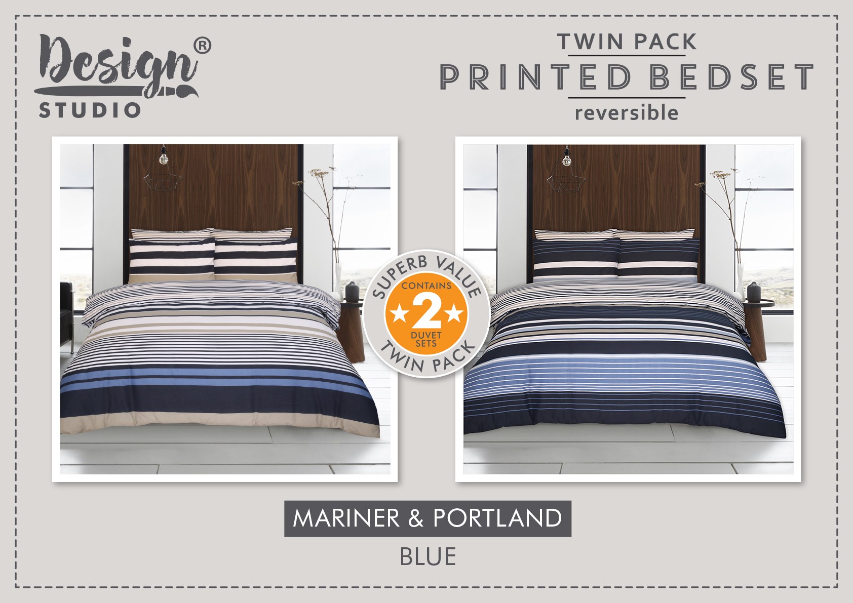 Twin Pack Mariner/Portland Duvet Set (Size and Colour Options Available)