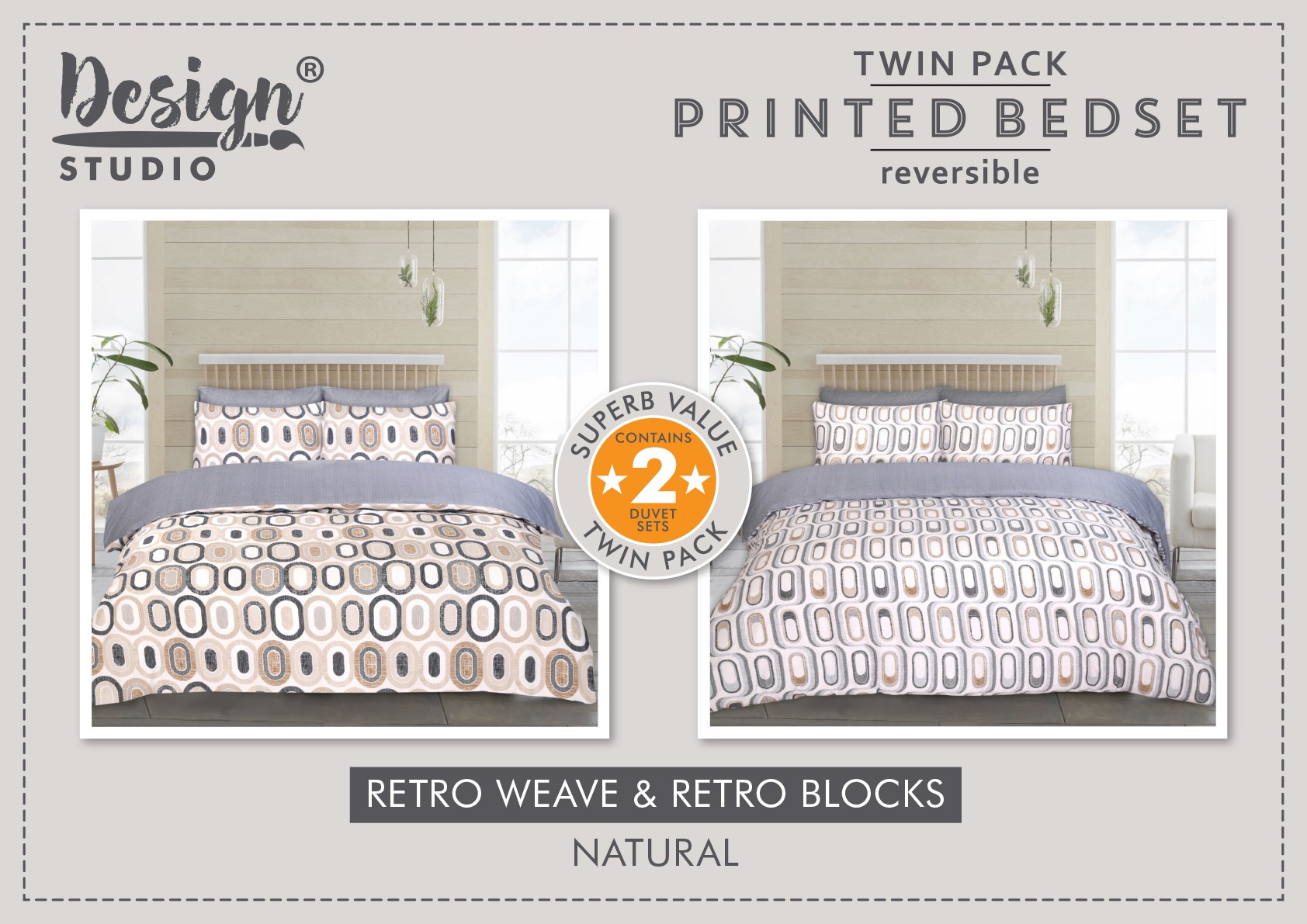 Twin Pack Retro Weave/Blocks Duvet Set (Size and Colour Options Available)