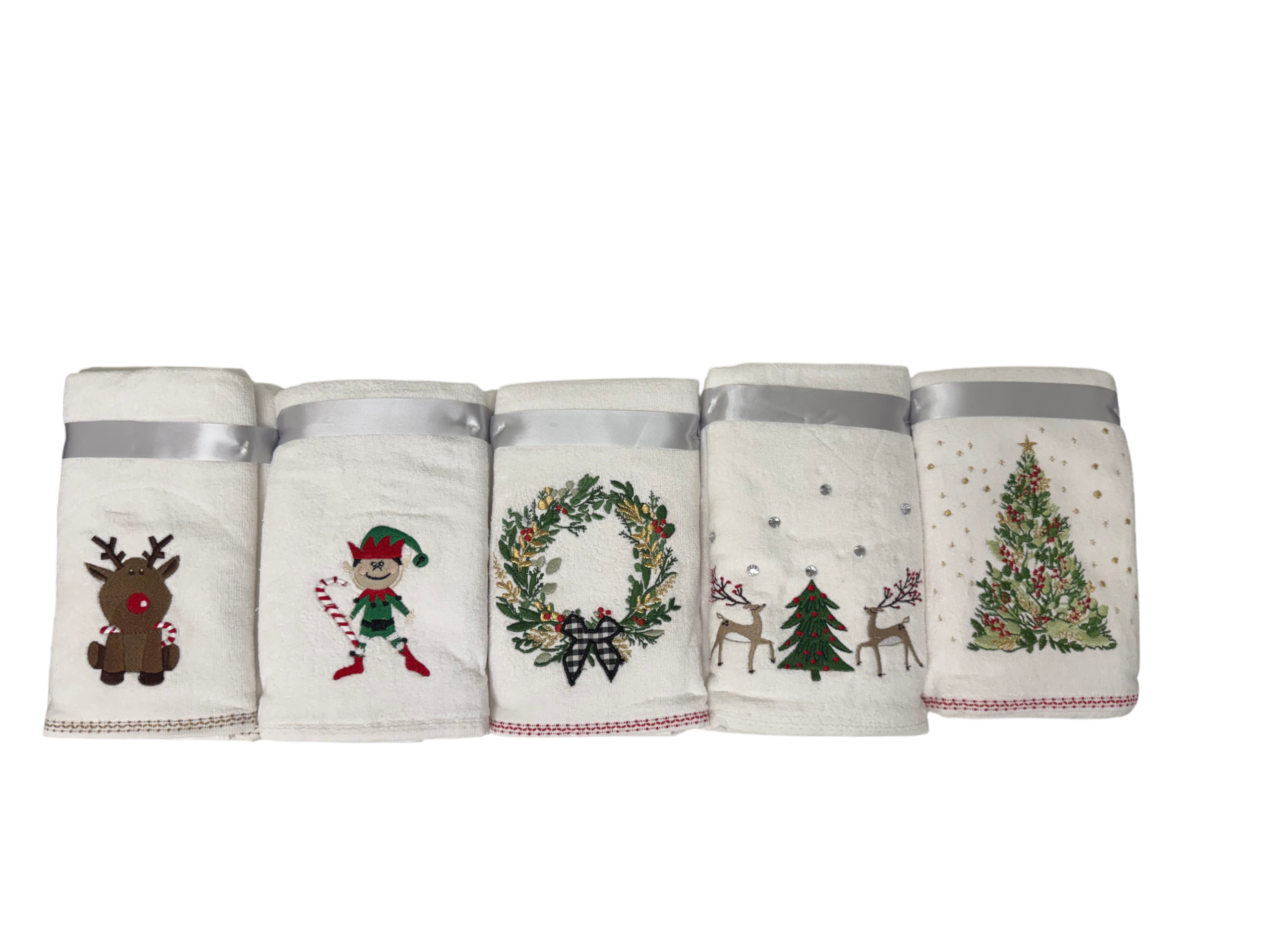 Bellissimo 2 Pack 100% Cotton Embroidered Christmas Hand Towels (5 Designs)
